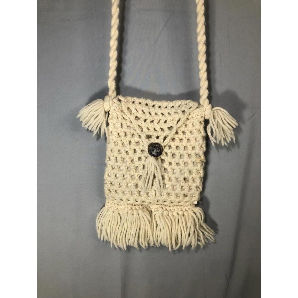 Handmade Vintage-Style Macrame Small Purse Fringe/Tassels Natural Peasant Hippie